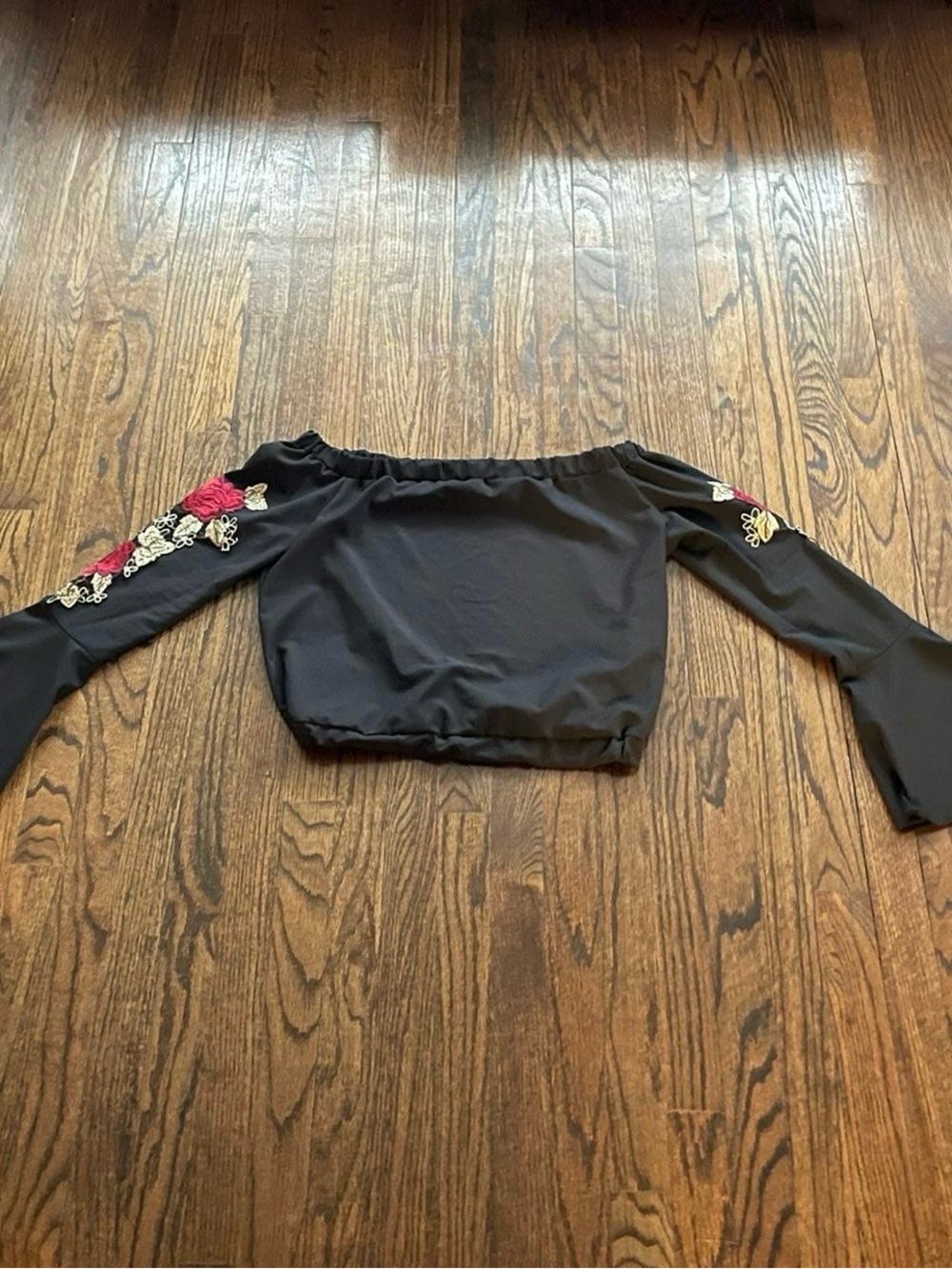Discovery Black Off-Shoulder Crop Top with Red & Cream Floral Embroidery